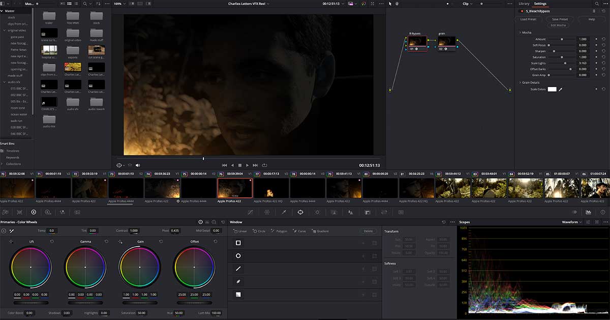 Davinci Resolve with Sapphire plugins used for Charlies Letters colour re-grade