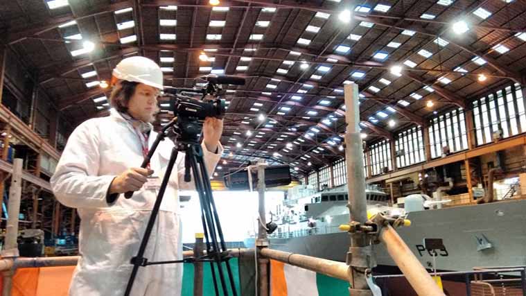 Stu helps to film the launch of Irish Offshore Patrol Vessel