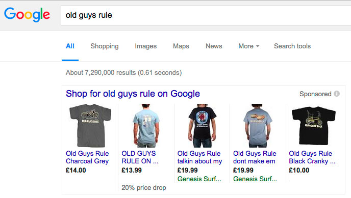 Google shopping sponsored links example for Old Guys Rule branded search