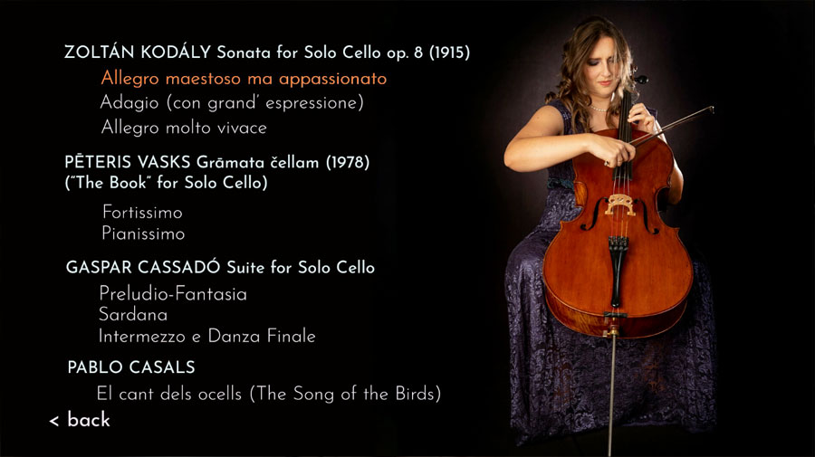 Debut album music listing for the Blu-ray by Gunta Abele features 20th centurty works by Kodaly, Vasks and Cassando